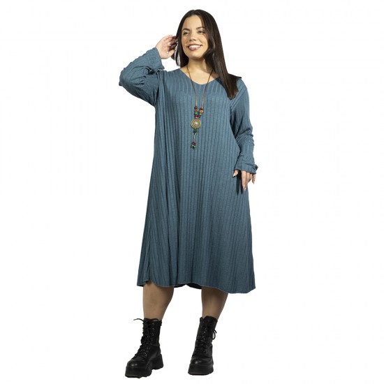 Γυναικείο Φόρεμα Ριπ Plus Size Πετρόλ Με Κολιέ Γυναικείο Φόρεμα Ριπ Plus Size Πετρόλ Με Κολιέ