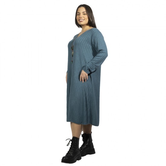 Γυναικείο Φόρεμα Ριπ Plus Size Πετρόλ Με Κολιέ Γυναικείο Φόρεμα Ριπ Plus Size Πετρόλ Με Κολιέ