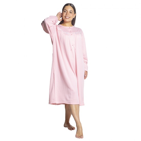 Γυναικείο Μακρυμάνικο Νυχτικό Plus Size Ροζ Με Κουμπιά Γυναικείο Μακρυμάνικο Νυχτικό Plus Size Ροζ Με Κουμπιά