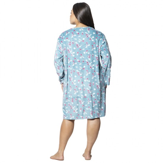 Γυναικείο Μακρυμάνικο Νυχτικό Plus Size Γαλάζιο Με Λουλούδια Γυναικείο Μακρυμάνικο Νυχτικό Plus Size Γαλάζιο Με Λουλούδια