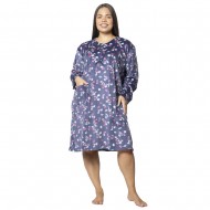 Γυναικείο Μακρυμάνικο Νυχτικό Plus Size Μπλε Σκούρο Με Λουλούδια