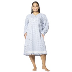 Γυναικείο Μακρυμάνικο Νυχτικό Plus Size Γαλάζιο Πουά