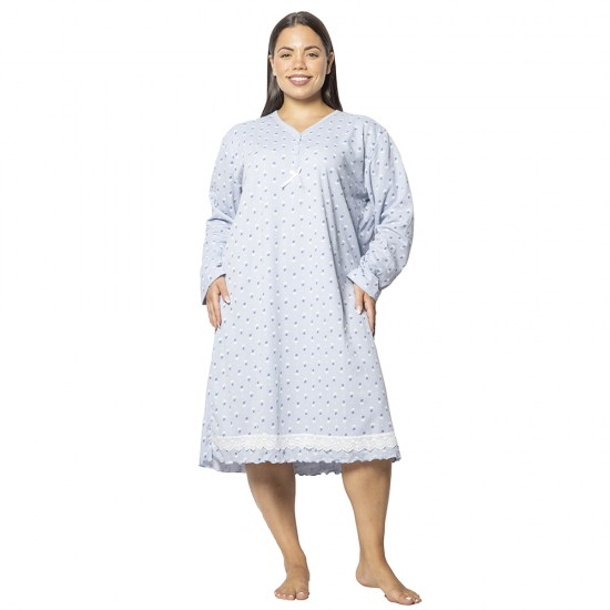 Γυναικείο Μακρυμάνικο Νυχτικό Plus Size Γαλάζιο Πουά Γυναικείο Μακρυμάνικο Νυχτικό Plus Size Γαλάζιο Πουά