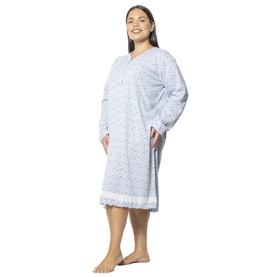 Γυναικείο Μακρυμάνικο Νυχτικό Plus Size Γαλάζιο Πουά Γυναικείο Μακρυμάνικο Νυχτικό Plus Size Γαλάζιο Πουά