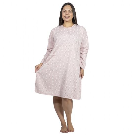 Γυναικείο Μακρυμάνικο Νυχτικό Plus Size Ροζ Με Καρδούλες