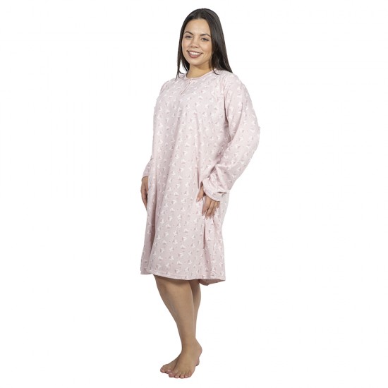 Γυναικείο Μακρυμάνικο Νυχτικό Plus Size Ροζ Με Καρδούλες