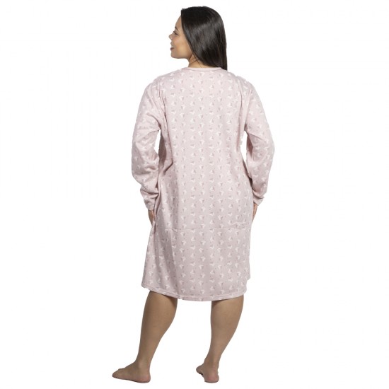 Γυναικείο Μακρυμάνικο Νυχτικό Plus Size Ροζ Με Καρδούλες