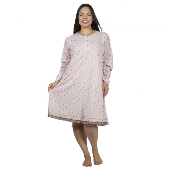 Γυναικείο Μακρυμάνικο Νυχτικό Plus Size Ροζ Με Καρδούλες