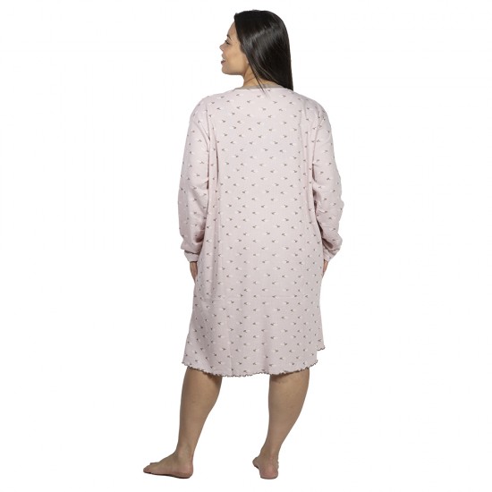 Γυναικείο Μακρυμάνικο Νυχτικό Plus Size Ροζ Με Καρδούλες