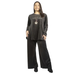 Γυναικείο Σετ Παντελόνι - Μπλούζα Βελούδο Plus Size Μαύρο Με Κολιέ