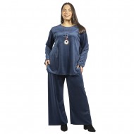 Γυναικείο Σετ Παντελόνι - Μπλούζα Βελούδο Plus Size Μπλε Σκούρο Με Κολιέ Γυναικείο Σετ Παντελόνι - Μπλούζα Βελούδο Plus Size Μπλε Σκούρο Με Κολιέ