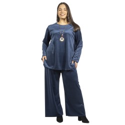 Γυναικείο Σετ Παντελόνι - Μπλούζα Βελούδο Plus Size Μπλε Σκούρο Με Κολιέ