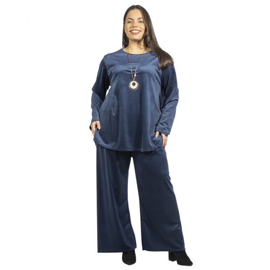 Γυναικείο Σετ Παντελόνι - Μπλούζα Βελούδο Plus Size Μπλε Σκούρο Με Κολιέ Γυναικείο Σετ Παντελόνι - Μπλούζα Βελούδο Plus Size Μπλε Σκούρο Με Κολιέ