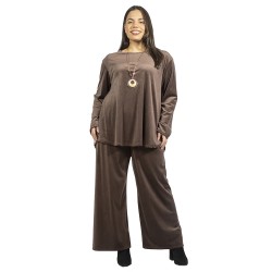 Γυναικείο Σετ Παντελόνι - Μπλούζα Βελούδο Plus Size Καφέ Με Κολιέ
