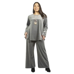 Γυναικείο Σετ Παντελόνι - Μπλούζα Βελούδο Plus Size Γκρι Με Κολιέ