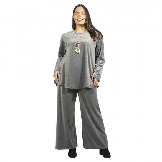 Γυναικείο Σετ Παντελόνι - Μπλούζα Βελούδο Plus Size Γκρι Με Κολιέ Γυναικείο Σετ Παντελόνι - Μπλούζα Βελούδο Plus Size Γκρι Με Κολιέ