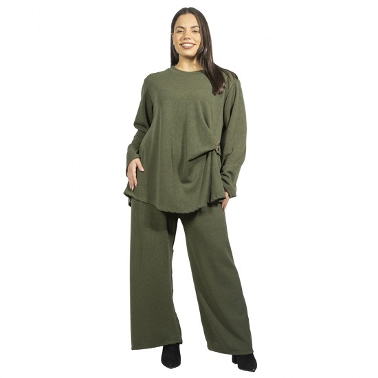 Γυναικείο Σετ Παντελόνι - Μπλούζα Plus Size Χακί Με Μεταλλική Λεπτομέρεια Γυναικείο Σετ Παντελόνι - Μπλούζα Plus Size Χακί Με Μεταλλική Λεπτομέρεια