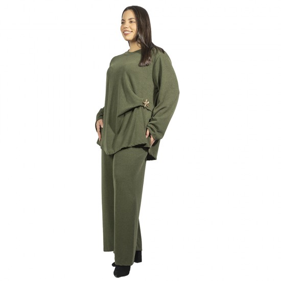 Γυναικείο Σετ Παντελόνι - Μπλούζα Plus Size Χακί Με Μεταλλική Λεπτομέρεια Γυναικείο Σετ Παντελόνι - Μπλούζα Plus Size Χακί Με Μεταλλική Λεπτομέρεια