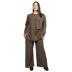 Γυναικείο Σετ Παντελόνι - Μπλούζα Plus Size Καφέ Με Μεταλλική Λεπτομέρεια