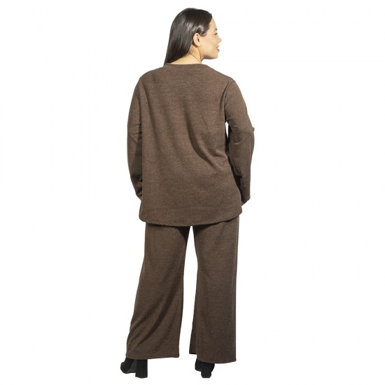 Γυναικείο Σετ Παντελόνι - Μπλούζα Plus Size Καφέ Με Μεταλλική Λεπτομέρεια Γυναικείο Σετ Παντελόνι - Μπλούζα Plus Size Καφέ Με Μεταλλική Λεπτομέρεια