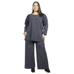 Γυναικείο Σετ Παντελόνι - Μπλούζα Plus Size Μπλε Σκούρο Με Παγέτες