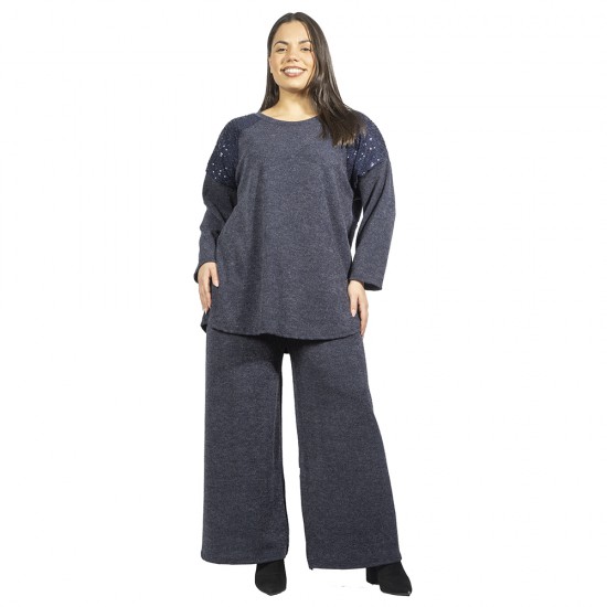 Γυναικείο Σετ Παντελόνι - Μπλούζα Plus Size Μπλε Σκούρο Με Παγέτες Γυναικείο Σετ Παντελόνι - Μπλούζα Plus Size Μπλε Σκούρο Με Παγέτες
