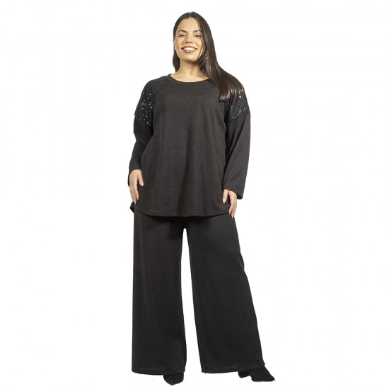 Γυναικείο Σετ Παντελόνι - Μπλούζα Plus Size Μαύρο Με Παγέτες Γυναικείο Σετ Παντελόνι - Μπλούζα Plus Size Μαύρο Με Παγέτες