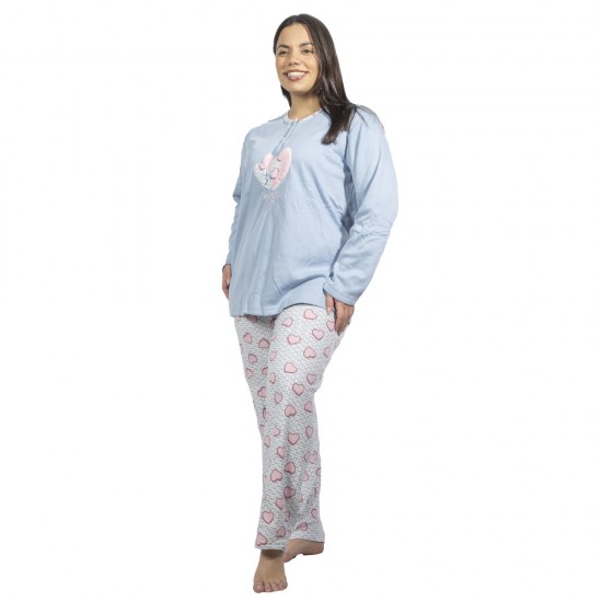 Πιτζάμα Γυναικεία Plus Size Γαλάζιο Με Καρδούλες Πιτζάμα Γυναικεία Plus Size Γαλάζιο Με Καρδούλες