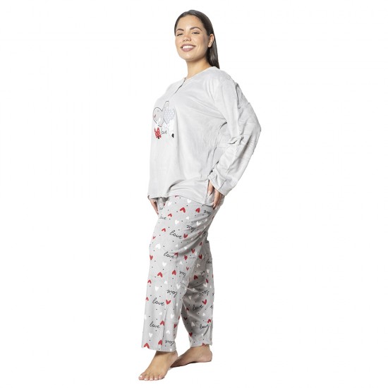 Πιτζάμα Γυναικεία Plus Size Βελούδο Γκρι Με Χεράκια Και Καρδούλες Πιτζάμα Γυναικεία Plus Size Βελούδο Γκρι Με Χεράκια Και Καρδούλες