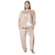 Πιτζάμα Γυναικεία Plus Size Βελούδο Μπεζ Με Πιγκουίνο Πιτζάμα Γυναικεία Plus Size Βελούδο Μπεζ Με Πιγκουίνο
