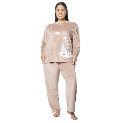 Πιτζάμα Γυναικεία Plus Size Βελούδο Μπεζ Με Πιγκουίνο