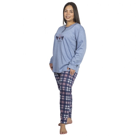 Πιτζάμα Γυναικεία Plus Size Μπλε Ανοιχτό - Καρό Με Καρδούλες