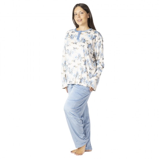 Πιτζάμα Γυναικεία Plus Size Βελούδο Γαλάζιο Με Λουλούδια Πιτζάμα Γυναικεία Plus Size Βελούδο Γαλάζιο Με Λουλούδια