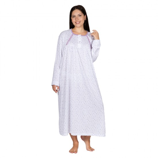 Γυναικείο Μακρυμάνικο Νυχτικό Plus Size Λευκό - Μοβ Με Τριανταφυλλάκια Γυναικείο Μακρυμάνικο Νυχτικό Plus Size Λευκό - Μοβ Με Τριανταφυλλάκια