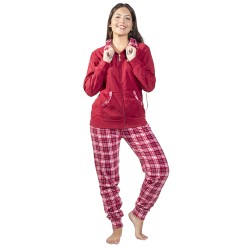 Πιτζάμα Γυναικεία Fleece Με Φερμουάρ Μπορντό - Καρό