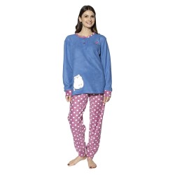 Πιτζάμα Γυναικεία Fleece Γαλάζιο - Ροζ Πουά Με Γατούλα