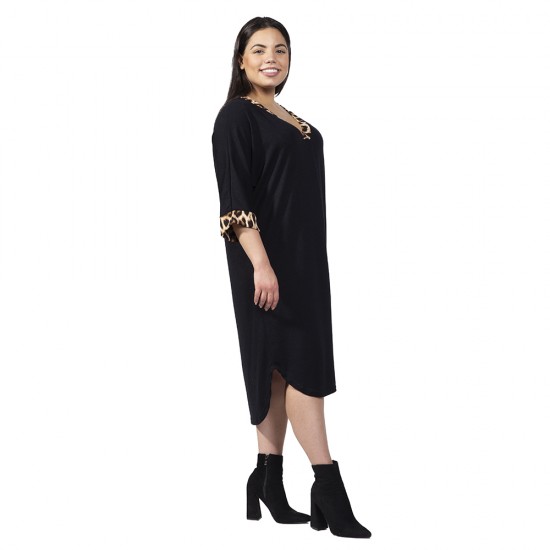 Γυναικείο Φόρεμα Με Λεοπάρ Λεπτομέρειες Plus Size Μαύρο Γυναικείο Φόρεμα Με Λεοπάρ Λεπτομέρειες Plus Size Μαύρο