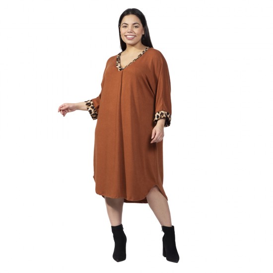 Γυναικείο Φόρεμα Με Λεοπάρ Λεπτομέρειες Plus Size Καφέ Γυναικείο Φόρεμα Με Λεοπάρ Λεπτομέρειες Plus Size Καφέ