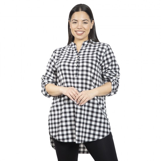 Γυναικεία Μακρυμάνικη Μπλούζα Πουκαμίσα Plus Size Λευκό - Μαύρο Καρό