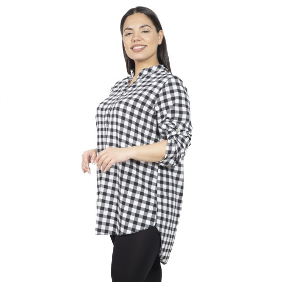 Γυναικεία Μακρυμάνικη Μπλούζα Πουκαμίσα Plus Size Λευκό - Μαύρο Καρό