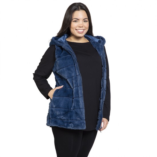 Γυναικείο Γούνινο Μπουφάν Plus Size Μπλε Σκούρο Γυναικείο Γούνινο Μπουφάν Plus Size Μπλε Σκούρο