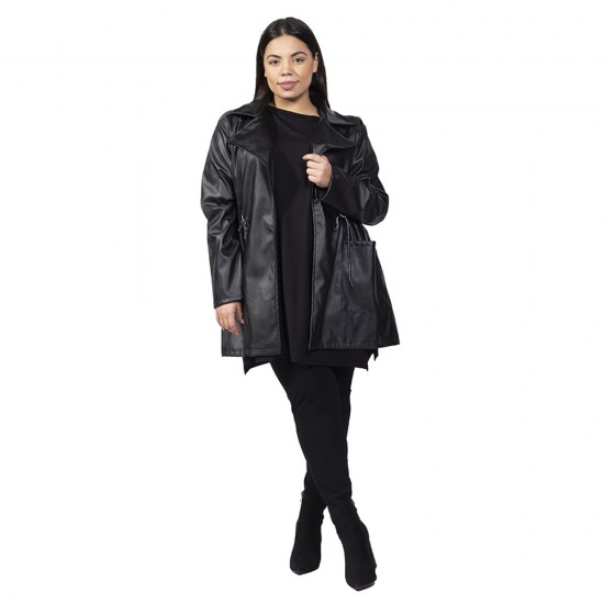Γυναικείο Μπουφάν Δερματίνης Plus Size Μαύρο Γυναικείο Μπουφάν Δερματίνης Plus Size Μαύρο
