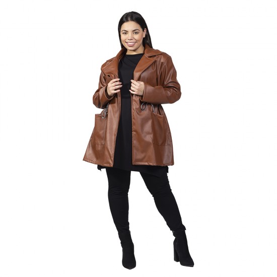 Γυναικείο Μπουφάν Δερματίνης Plus Size Καφέ Γυναικείο Μπουφάν Δερματίνης Plus Size Καφέ