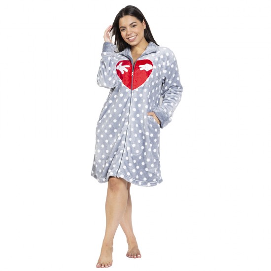 Γυναικεία Ρόμπα Fleece Plus Size Γκρι Πουά Με Σχέδιο Καρδιά Γυναικεία Ρόμπα Fleece Plus Size Γκρι Πουά Με Σχέδιο Καρδιά