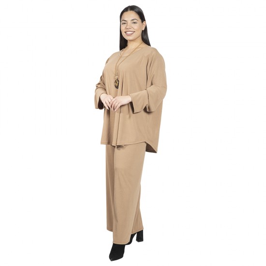 Γυναικείο Σετ Παντελόνι - Μπλούζα Με Κολιέ Plus Size Μπεζ Γυναικείο Σετ Παντελόνι - Μπλούζα Με Κολιέ Plus Size Μπεζ