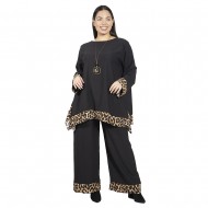 Γυναικείο Σετ Παντελόνι - Μπλούζα Με Κολιέ Plus Size Μαύρο - Λεοπάρ Γυναικείο Σετ Παντελόνι - Μπλούζα Με Κολιέ Plus Size Μαύρο - Λεοπάρ