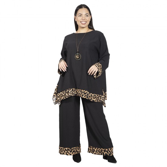 Γυναικείο Σετ Παντελόνι - Μπλούζα Με Κολιέ Plus Size Μαύρο - Λεοπάρ Γυναικείο Σετ Παντελόνι - Μπλούζα Με Κολιέ Plus Size Μαύρο - Λεοπάρ