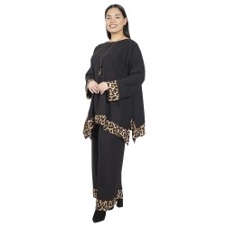 Γυναικείο Σετ Παντελόνι - Μπλούζα Με Κολιέ Plus Size Μαύρο - Λεοπάρ Γυναικείο Σετ Παντελόνι - Μπλούζα Με Κολιέ Plus Size Μαύρο - Λεοπάρ