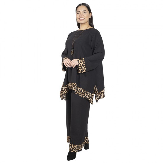 Γυναικείο Σετ Παντελόνι - Μπλούζα Με Κολιέ Plus Size Μαύρο - Λεοπάρ Γυναικείο Σετ Παντελόνι - Μπλούζα Με Κολιέ Plus Size Μαύρο - Λεοπάρ