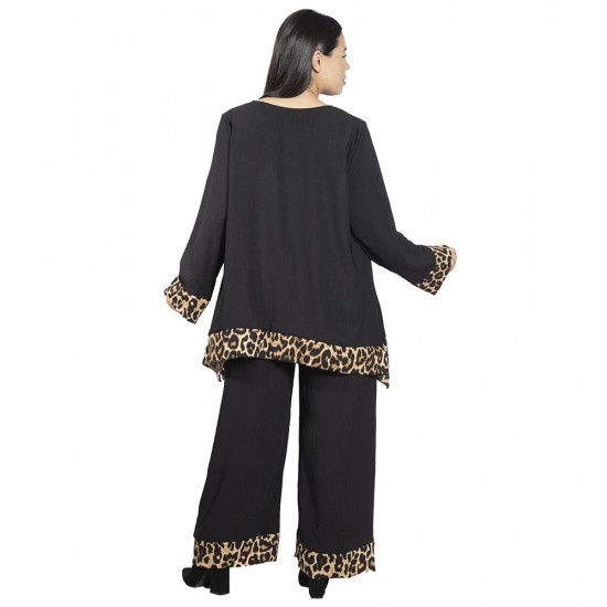 Γυναικείο Σετ Παντελόνι - Μπλούζα Με Κολιέ Plus Size Μαύρο - Λεοπάρ Γυναικείο Σετ Παντελόνι - Μπλούζα Με Κολιέ Plus Size Μαύρο - Λεοπάρ